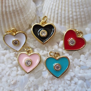 Brass, Enamel & CZ Heart Charms - 11 mm - Gold Color Plated - 2 pcs - Select Color Choice