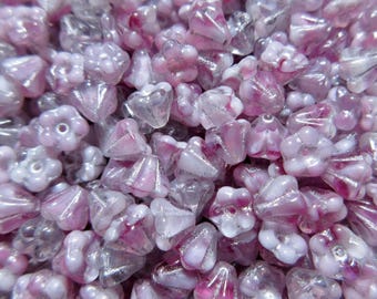 Czech Glass Bell Flower Beads - Gray/Purple/White - 4mm x 6mm - Select 50 or 100 pcs