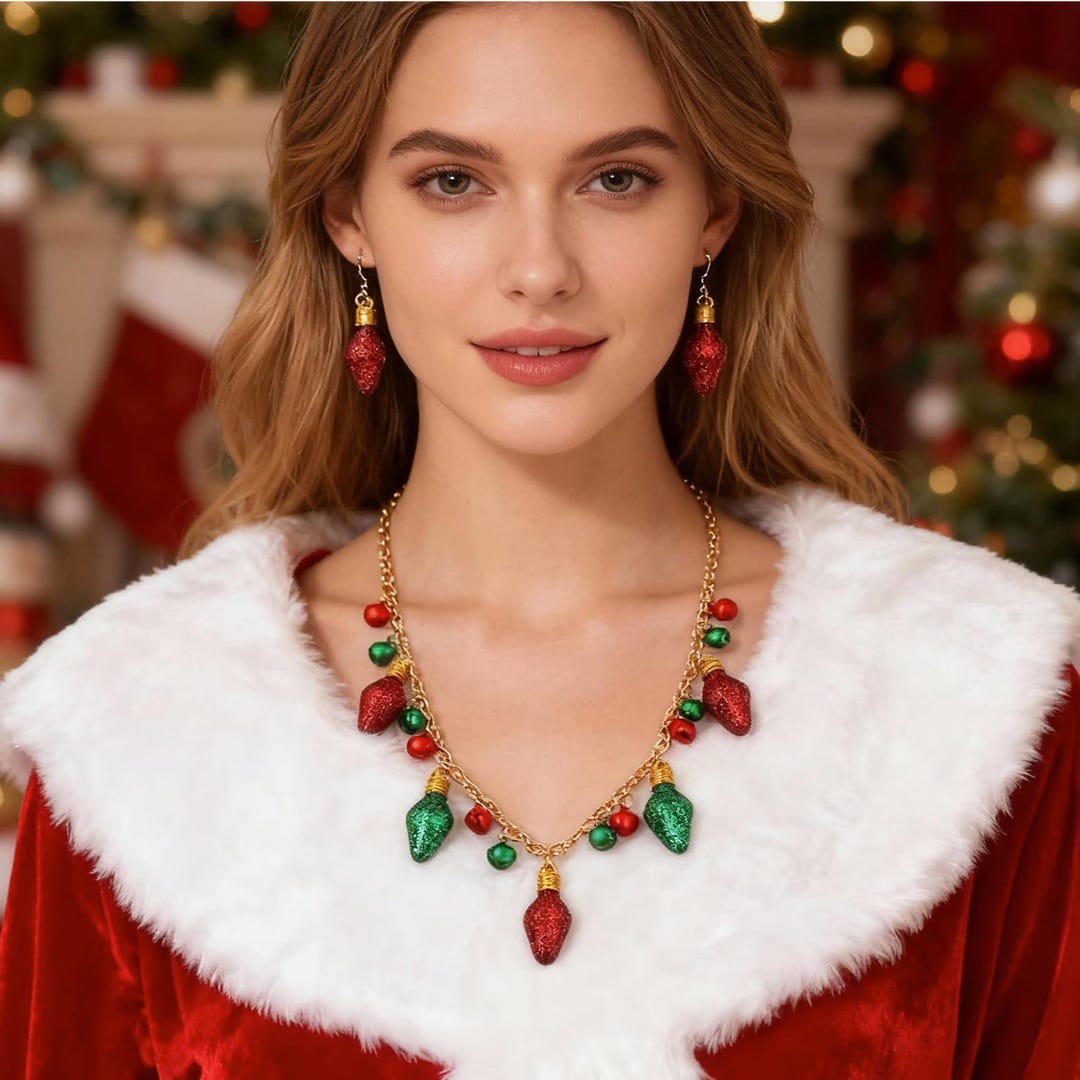 Christmas Light Bulb Necklace and Earrings Set Festive Holiday Jewelry — free download