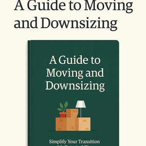 May include: Etsy ebook cover titled "A Guide to Moving and Downsizing." The cover is dark green with white text and illustrations of moving boxes, a plant, and a lamp. The Etsy logo is in orange.