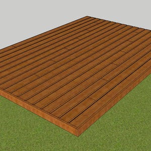 Puede incluir: Un marco de cubierta de madera rectangular con tablones paralelos. La cubierta está construida con madera marrón y se asienta sobre una superficie de hierba verde. La cubierta es de diseño simple y minimalista.