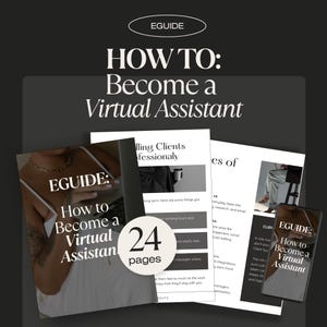 Peut inclure: Un e-guide intitulé « Comment devenir assistant virtuel » avec le logo « EGUIDE ». Le guide compte 24 pages et comprend des images d'une personne travaillant sur un ordinateur portable et d'autres documents.