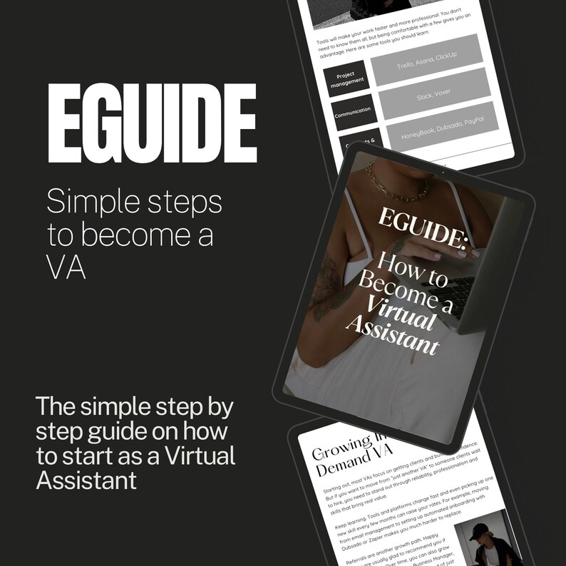 May include: A digital marketing image with the word "EGUIDE" in large white letters. The image promotes a guide on becoming a virtual assistant, with text including "Simple steps to become a VA" and "How to Become a Virtual Assistant."