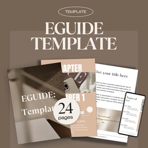 以下が含まれることがあります： モダンなフォントで「EGUIDE TEMPLATE」というタイトルのeGuideテンプレートデザイン。画像には、印刷されたページと、eGuideの内容を表示するスマートフォンが写っています。デザインには24ページが含まれています。