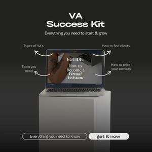 May include: A laptop displaying an e-guide titled "How to Become a Virtual Assistant" sits on a white pedestal. The image includes text that reads "VA Success Kit" and "Everything you need to start & grow."