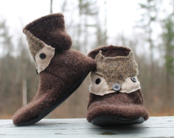 Fox Boots, Wool Baby Boots, Earth Friendly Baby, Woolies Wool Baby / Toddler Boots / Leather Soles Upcycled, baby shoes, First christmas