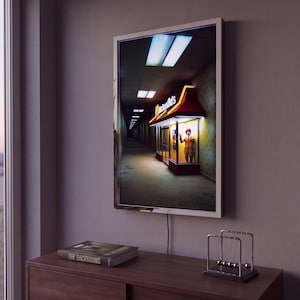May include: A framed print showing a surreal McDonald's scene in a long, dark corridor. The artwork hangs above a wooden cabinet. A book titled "THE BACKROOMS" and a Newton's cradle are on the cabinet. The room has a window.