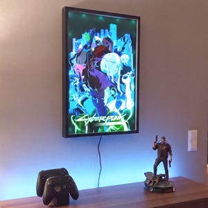 Giant LED Cyberpunk Edgerunners (V2) Wall Art | Aura Box XL Wall Mount 30x45cm | Wood & Glass Frame | Premium Gaming Setup Decor | UV Printing