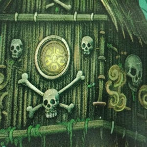 Détail texture bois cabane Baba Yaga et fenêtre lumineuse.