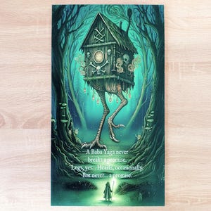 Illustration Baba Yaga cabane sorcière folklore slave sur plaque métal.