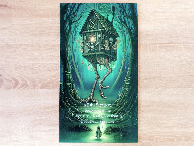 Illustration Baba Yaga cabane sorcière folklore slave sur plaque métal.