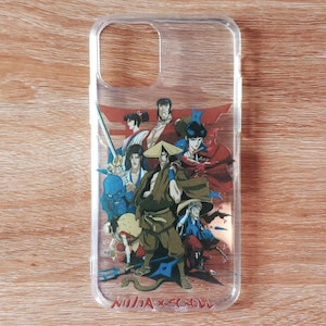 May include: Clear phone case featuring a colorful anime-style illustration of several characters in various poses. The artwork includes figures in traditional Japanese attire, with swords and other weapons. The text "NINJA X SOUL" is printed at the bottom.