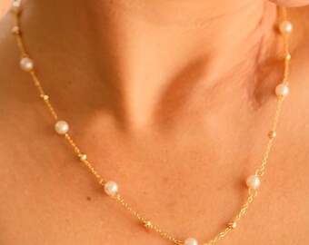 18K Gold Plated Floating Pearl Chain Necklace
