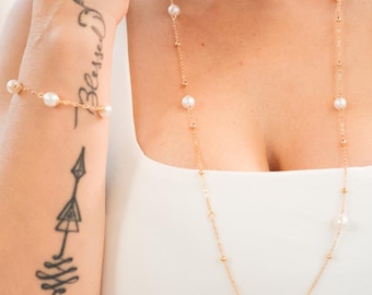 18K Gold Plated Floating Pearl Chain Necklace and Bracelet