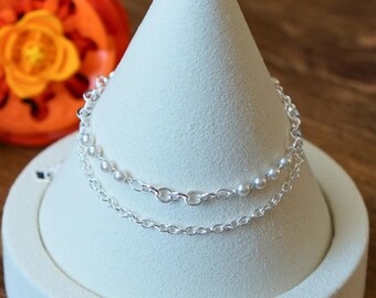 Sterling Silver Layered Pearl & Chain Bracelet