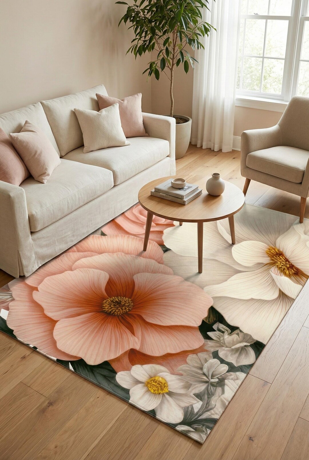 Blush Peony Floral Area Rug | Vintage Botanical Flowers - Etsy