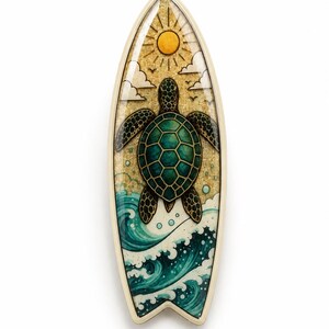 May include: A surfboard-shaped wall art piece featuring a central green sea turtle swimming above stylized teal and white ocean waves. The upper portion displays a golden sandy background with a yellow sun, white clouds, and small birds in flight.