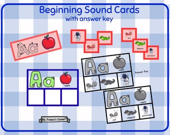 May include: Educational flashcards titled "Beginning Sound Cards" with an answer key. The cards feature the letter "Aa" with images of an apple, ant, alligator, and astronaut. The background is a blue and white checkered pattern.