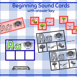 Könnte beinhalten: Lehrreiche Karteikarten mit dem Titel "Beginning Sound Cards" und einem Lösungsschlüssel. Die Karten zeigen den Buchstaben "Aa" mit Bildern einer Spinne, eines Baumes, eines Flugzeugs und einer Biene. Der Hintergrund ist ein blau-weißes Karomuster.