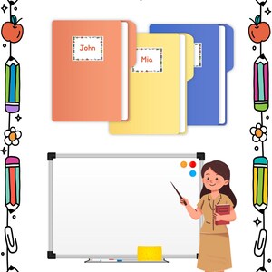 May include: A Meet and Greet/Open House Folder printable featuring three coloured file folders labelled John and Mia, a whiteboard with a teacher illustration holding a pointer and book, and a border decorated with pencils, apples, and paper clips.