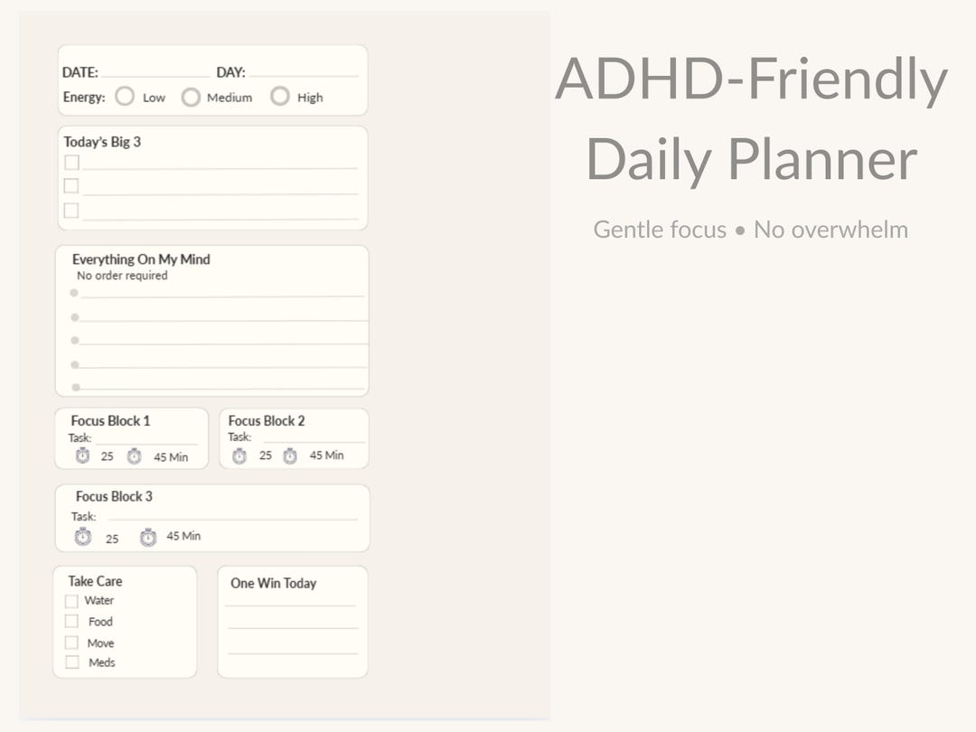 ADHD Daily Planner Printable | Gentle Focus Planner for Overwhelmed ...
