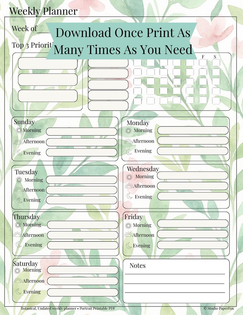 Botanical Weekly Planner | Printable, Fillable Habit Tracker (PDF ...