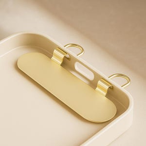 May include: A beige rectangular tray with a gold-colored handle and a gold-colored, oval-shaped insert. The tray has rounded corners and a smooth surface. The handle is made of a curved, gold-colored metal. The insert is centered in the tray.