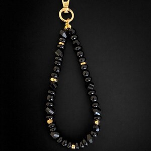 Handmade Black Onyx Beaded Phone Charm | Gold Accent Wristlet