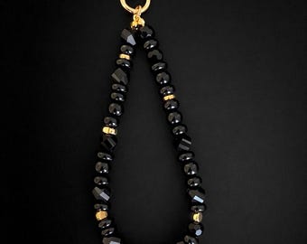 Handmade Black Onyx Beaded Phone Charm | Gold Accent Wristlet