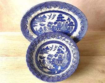 Royal Wessex Blue Willow Serving Platter and Bowl- Vintage English Blue White Transferware, Swirl Rim Large Platter and Large Bowl