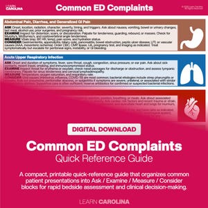 May include: A digital download titled "Common ED Complaints Quick Reference Guide" with sections on abdominal pain and respiratory infection. The guide organises patient presentations into Ask, Examine, Measure, and Consider blocks for rapid bedside assessment.