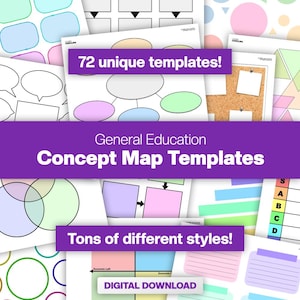 以下が含まれることがあります： さまざまなデザインとレイアウトのコンセプトマップテンプレートのコレクション。画像には、円、正方形、吹き出しなど、さまざまな形状の複数のシートが表示されています。画像上のテキストは「72 unique templates!」、「General Education Concept Map Templates」、「Tons of different styles!」および「DIGITAL DOWNLOAD」と表示されています。