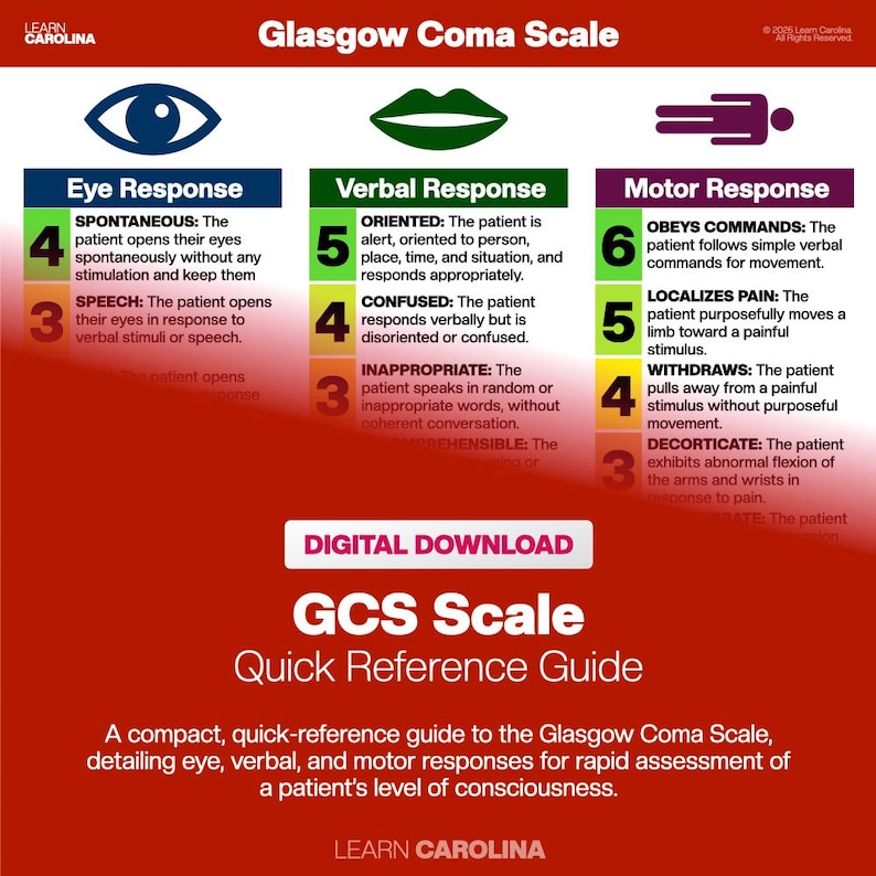 May include: A red and white quick-reference guide to the Glasgow Coma Scale. The guide details eye, verbal, and motor responses for assessing a patient's level of consciousness. Includes illustrations of an eye, mouth, and person.