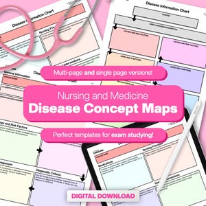 Könnte beinhalten: Digitaler Download mit Konzeptkarten zu Krankheiten in der Krankenpflege und Medizin. Das Bild zeigt rosa und weiße Diagramme mit Überschriften wie "Ursachen und Risikofaktoren" und "Symptome". Ein rosa Stethoskop und ein Tablet mit Stift sind ebenfalls zu sehen.