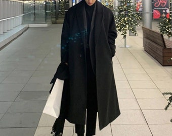 Trendy Loose Casual Single Breasted Overcoat, Autumn Winter Fashion New Long Sleeve Woolen Long Coat, Men Turn down Collar Long Coat