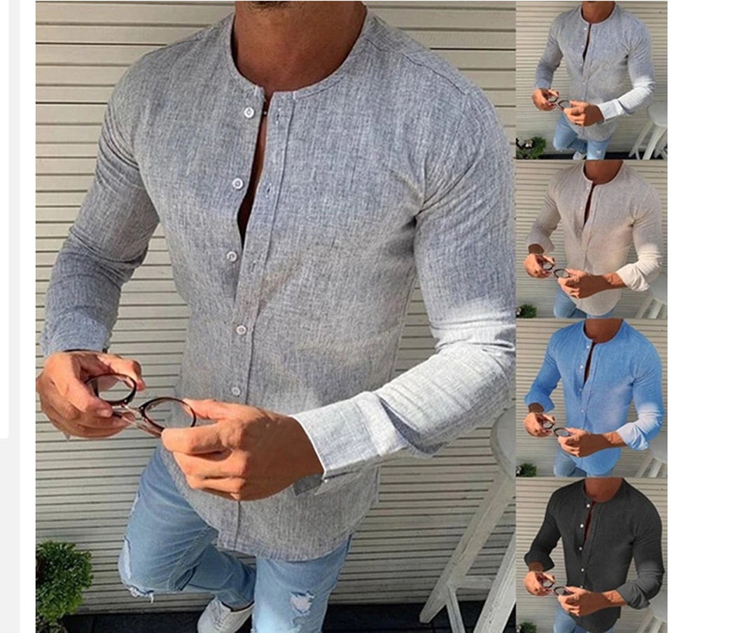 Men Solid Slim Basic Stand Business Linen Blouse Shirt Casual - Etsy