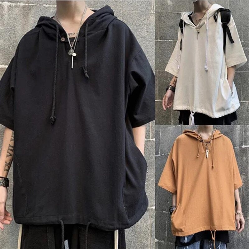 Harajuku Men Short Sleeve Hoodie Tee, High Street Loose Pullover Hoodie,  Solid Fashion Half Sleeve T-shirt, Unisex Clothing, Gift for Him 