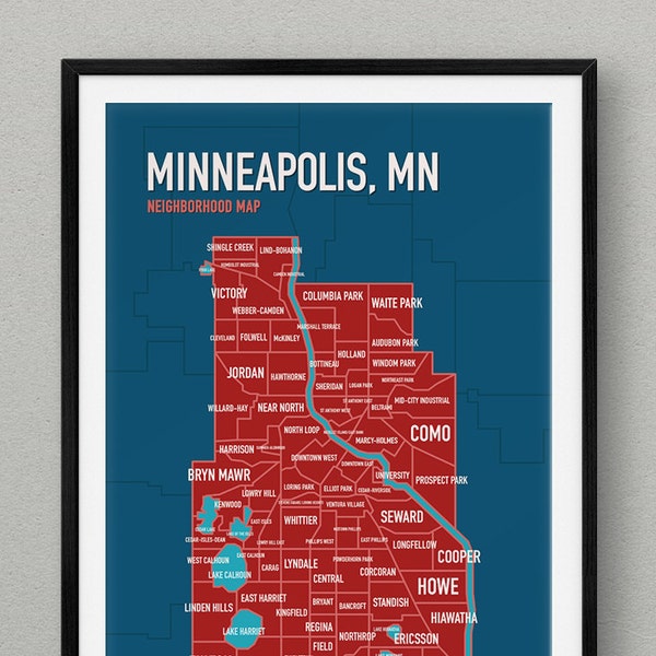 13x19 Minneapolis neighborhood map in blue & red : wall art print