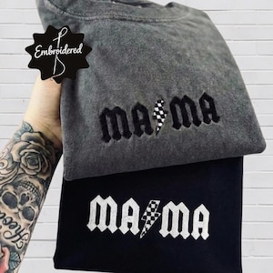Embroidered Comfort Colors® Mama Shirt, Mom Checkered Tee, Mothers Day Gift, Oversized Mom TShirt, New Mom Gift Tee, Pregnancy Announcement
