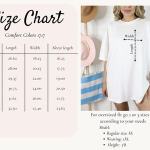 The image is a size chart for a white t-shirt, providing measurements for different sizes, including S, M, L, XL, and XL. It also includes a model description for the t-shirt, indicating that it is suitable for oversize fits, and that the model can be regular size (M), wearing size (XL), or height (XL).
