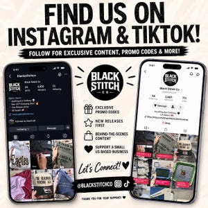 The image is an advertisement for Black Stitch Co., featuring two smartphones displaying the company's Instagram and Twitter pages. The text encourages users to follow the company on these platforms for exclusive content, promotion codes, and more.