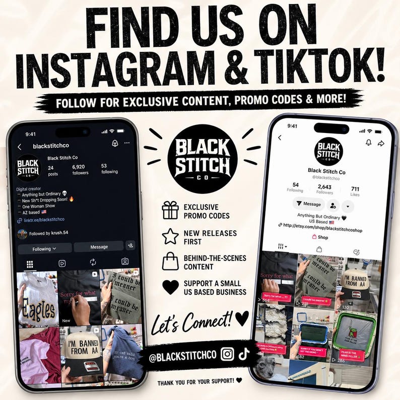 The image is an advertisement for Black Stitch Co., featuring two smartphones displaying the company's Instagram and Twitter pages. The text encourages users to follow the company on these platforms for exclusive content, promotion codes, and more.