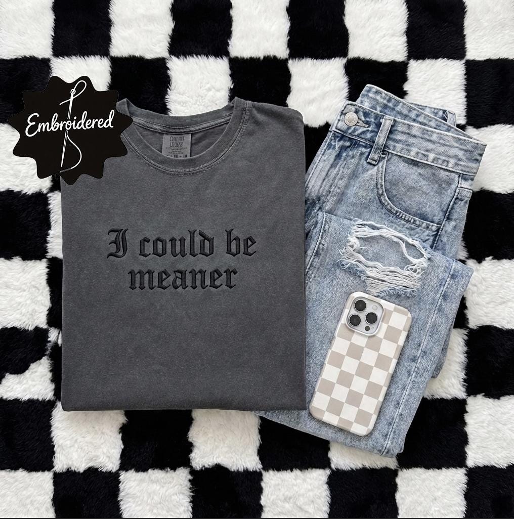 Embroidered Comfort Colors® I Could Be Meaner TShirt, Funny Shirt For Women, Sarcasm Tee, Funny Quote Oversized Shirt, Gift for Her