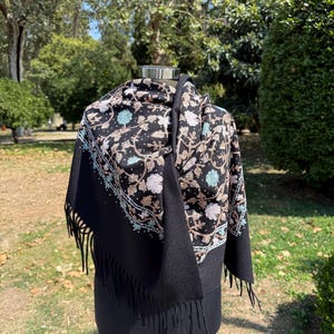 Black Embroidered Shawl Scarf-Wool Scarf Lambswool,Hand Made Shawl Scarf,Cashmere Shawl,Evening Shawl,Women Shawl,Luxury Shawl,Gift for Her.