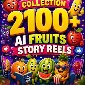 May include: A digital graphic titled MEGA COLLECTION 2100+ AI FRUITS STORY REELS featuring cartoon fruits like a strawberry, banana, grape, and apple. Below, an orange, pear, watermelon, and pineapple sit on a blue sofa with icons and text.