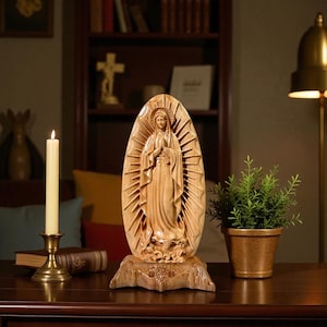 Handgeschnitzte Statue Unserer Lieben Frau von Guadalupe - Jungfrau Maria Holzfigur, katholisches religiöses Wohndekor & Geschenk für Weihnachten oder Ostern