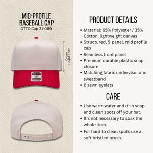May include: A mid-profile baseball cap with a white crown and red bill. The hat has a structured 5-panel design, a seamless front panel, and a durable plastic snap closure. The crown height is 3.39 inches.