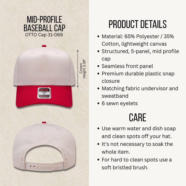 May include: A mid-profile baseball cap with a white crown and red bill. The hat has a structured 5-panel design, a seamless front panel, and a durable plastic snap closure. The crown height is 3.39 inches.