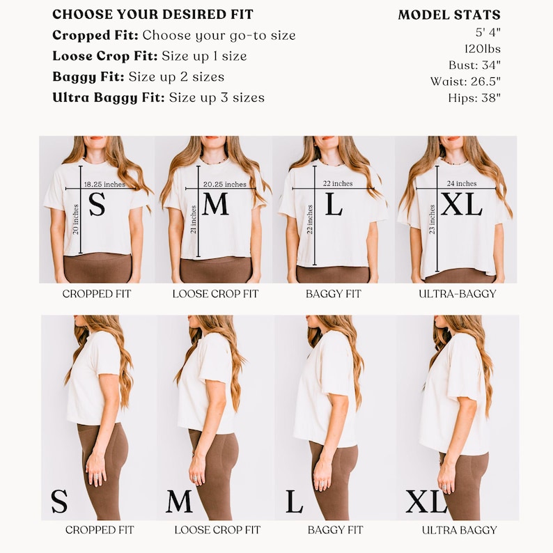 May include: A size guide chart for a white t-shirt showing four fit options: Cropped, Loose Crop, Baggy, and Ultra Baggy. The chart displays front and side views with measurements in inches for sizes S, M, L, and XL, alongside model stats.