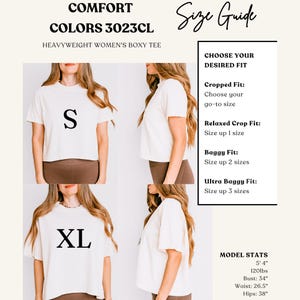 May include: A Comfort Colors 3023CL heavyweight boxy tee size guide featuring front and side views of a plain off-white t-shirt in sizes S and XL. The graphic includes text for fit options, model stats of 5' 4", 120lbs, 34" bust, 26.5" waist, 38" hips.